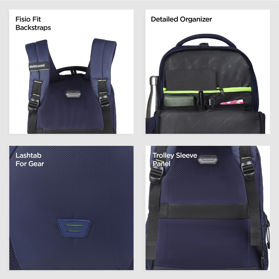 HARISSONS Zylo Travel Laptop Backpack | 40L | Fits 15.6β Laptop | Fisio Fit Straps, Elevated Laptop Cradle, Quick-Access Pockets, Bottle Security, Ventilated Back | Work, Travel & College (Navy) 3