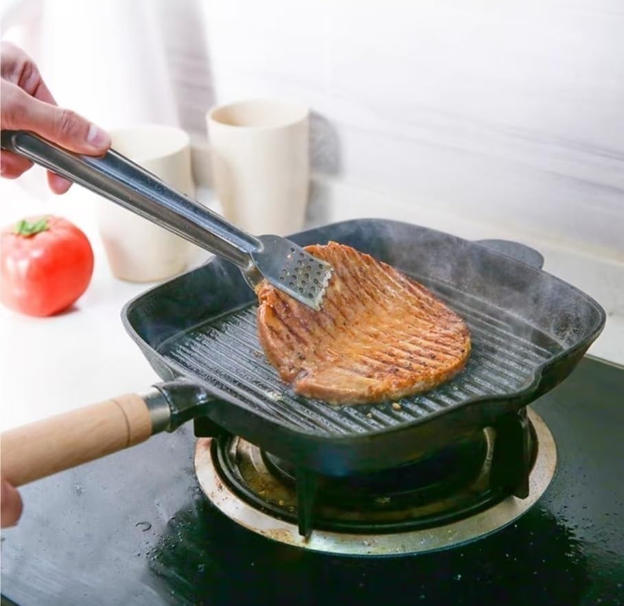 Cast iron skillet with single wood handle, steak skillet grill pan, square BBQ grill pan, steak frying skillet, frying pan, grill skillet, for indoor and outdoor grilling.