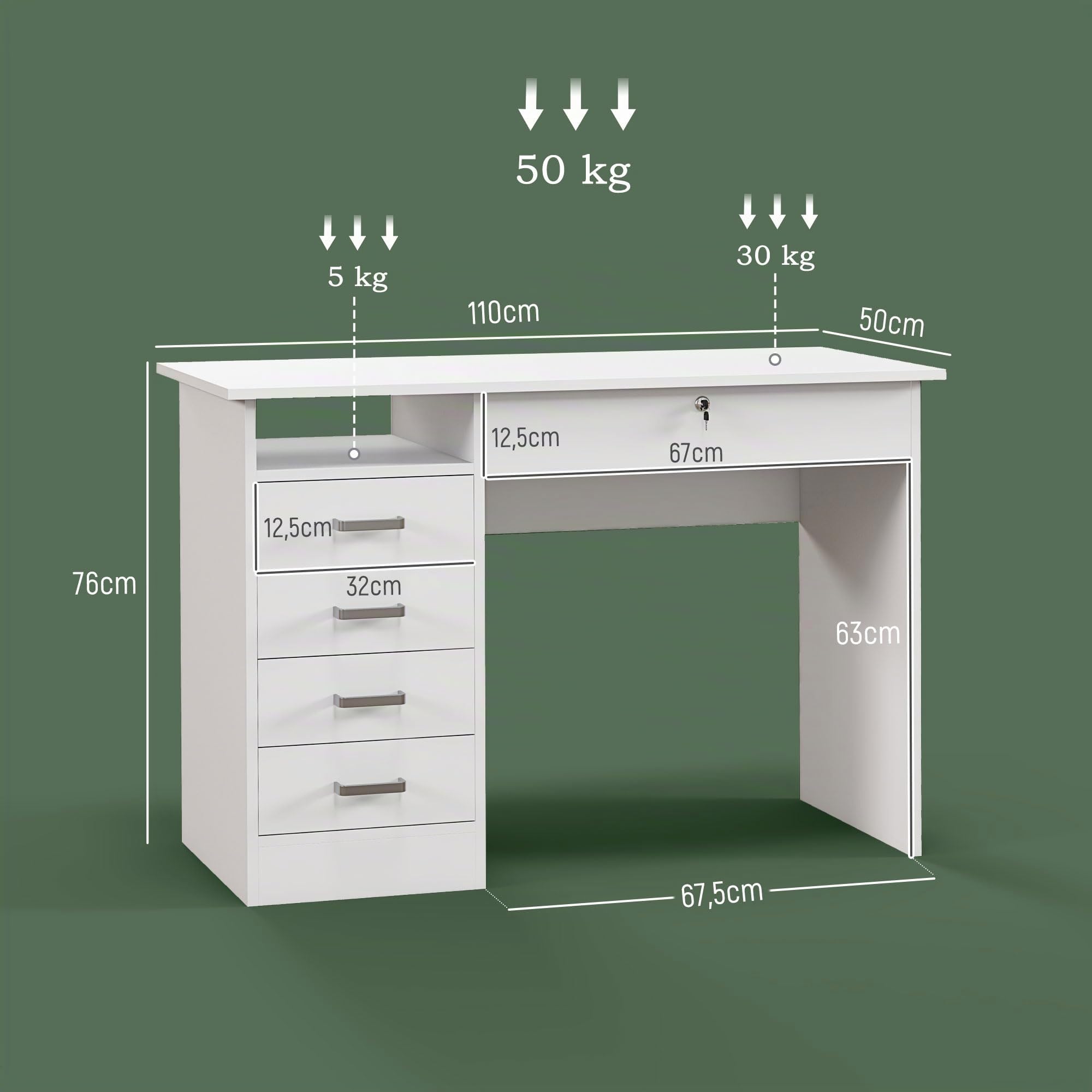 HOMCOM Bureau Informatique avec 5 Tiroirs 110x50cm Blanc