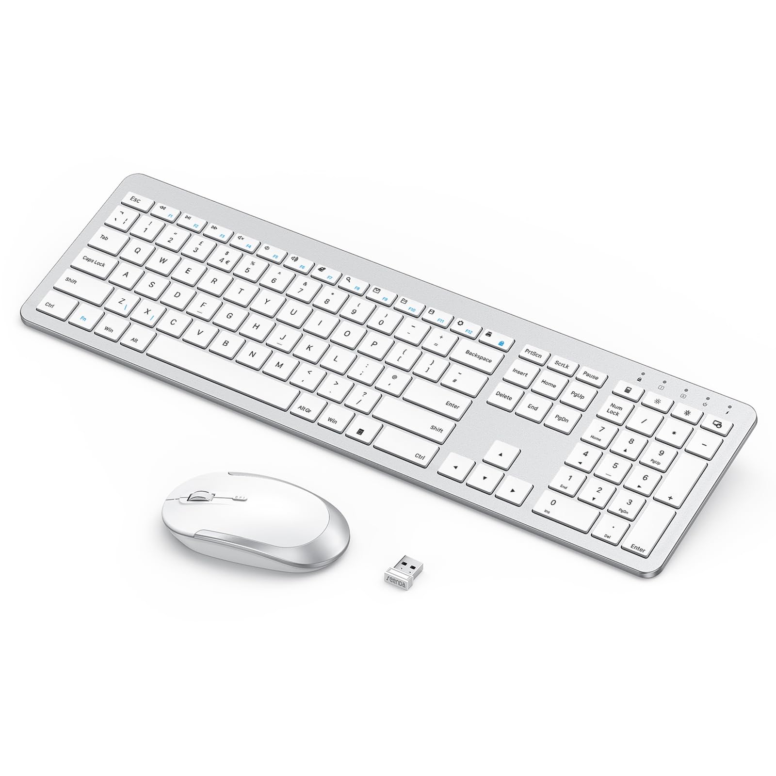 SeendaWireless Keyboard and Mouse Set, Rechargeable Full Size Thin Wireless Keyboard and Mouse, Computer keyboard mouse combos for Laptop/PC/Smart TV, Silver & White