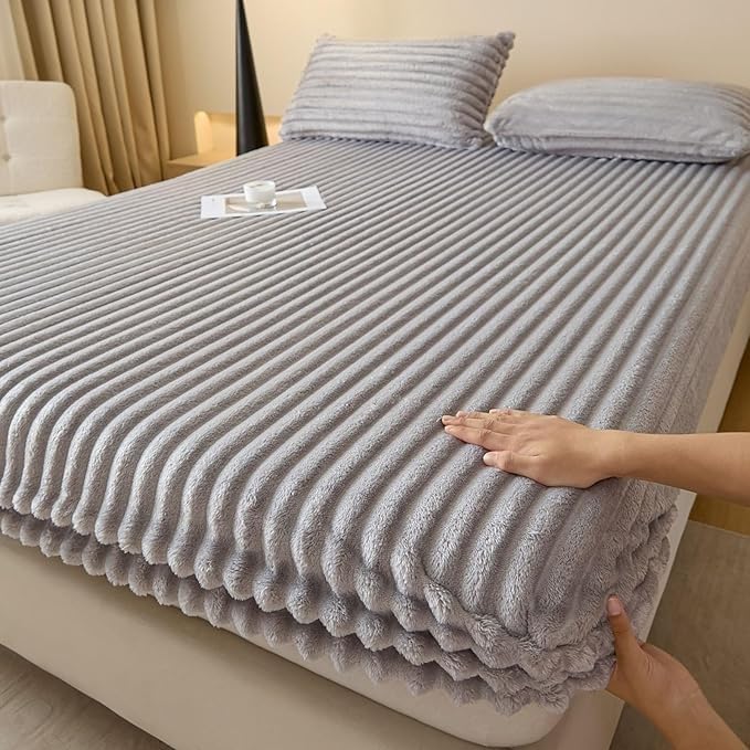 Drap-housse velours polaire Full gris lit chaud et doux haut de gamme