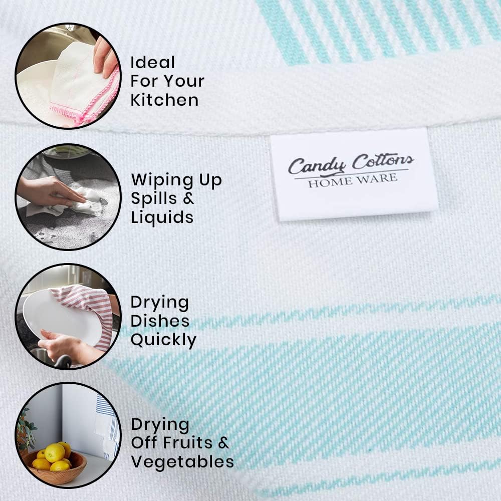 Stripe Kitchen Towels Decor Hanging Loop Dish Towels Boho Stripe Absorbent Festive Gift Set of 6 Pantry Kitchen Reversible 18x28 in Dish Towels|Vintage Farmhouse Style|Turquoise