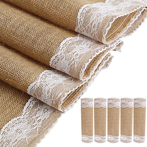 Set of 5 Burlap Hessian Jute Table Runner with White Lace Table Decoration Wedding Party Decoration Baby Shower Farmhouse