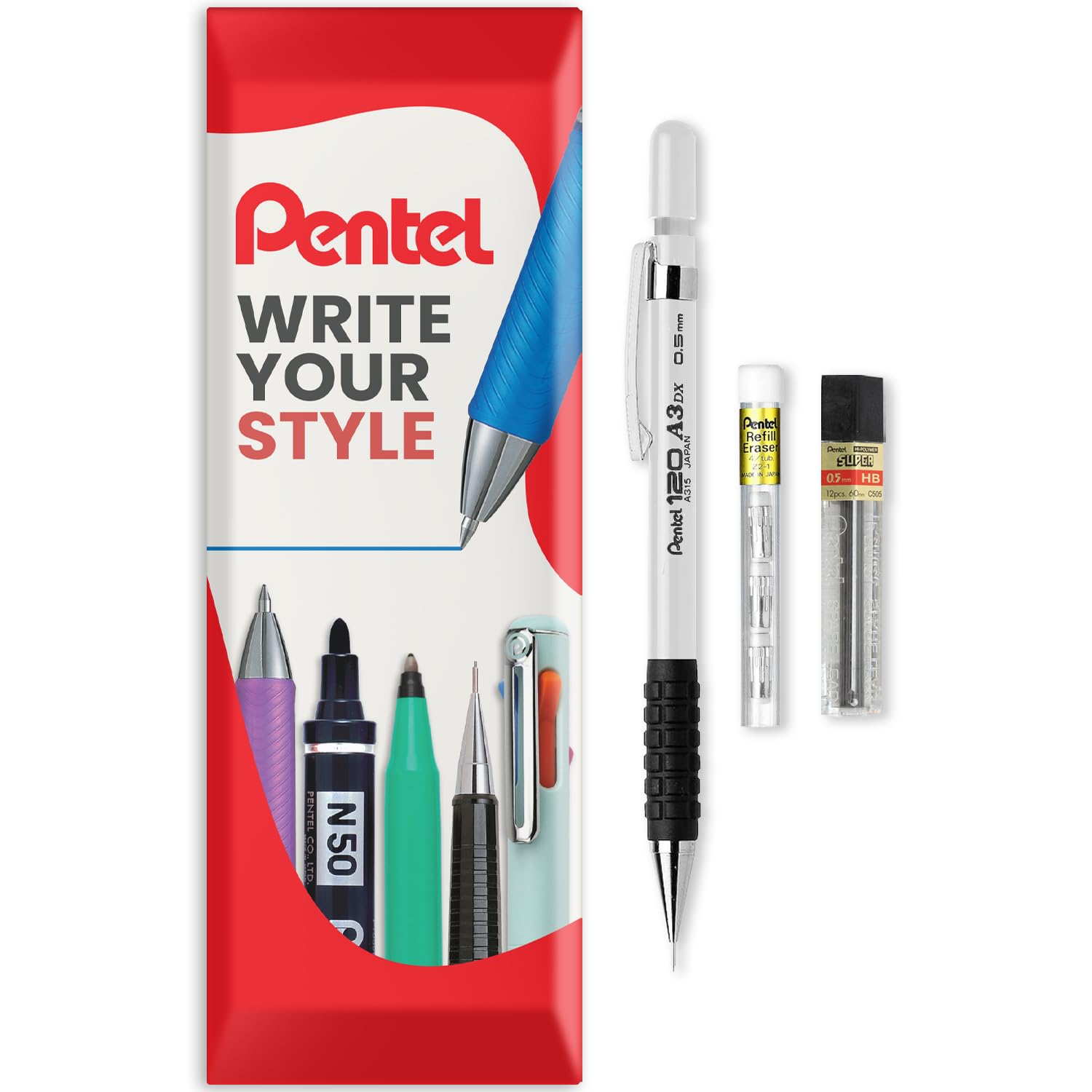 Pentel 120 Series Automatic Mechanical Pencil A315 + 12 HB Refill Leads + Tube of Eraser Refills - In Envelope Gift Packaging (White, 0.5mm)
