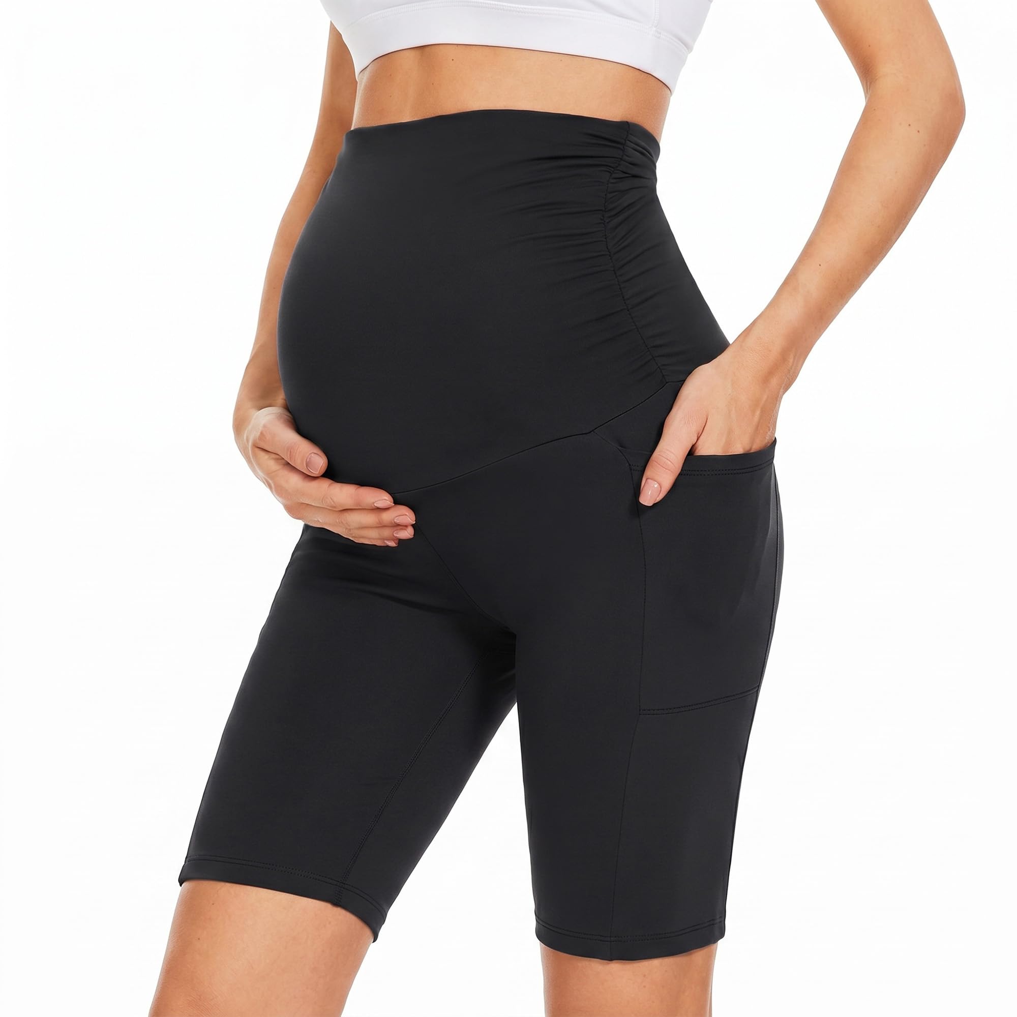 TANTOMI Umstandsleggings Kurz, Umstandsmode mit Taschen Radlerhose Schwangerschaft Umstandshose Sommer Umstandsradler Umstandsshorts für Schwangere