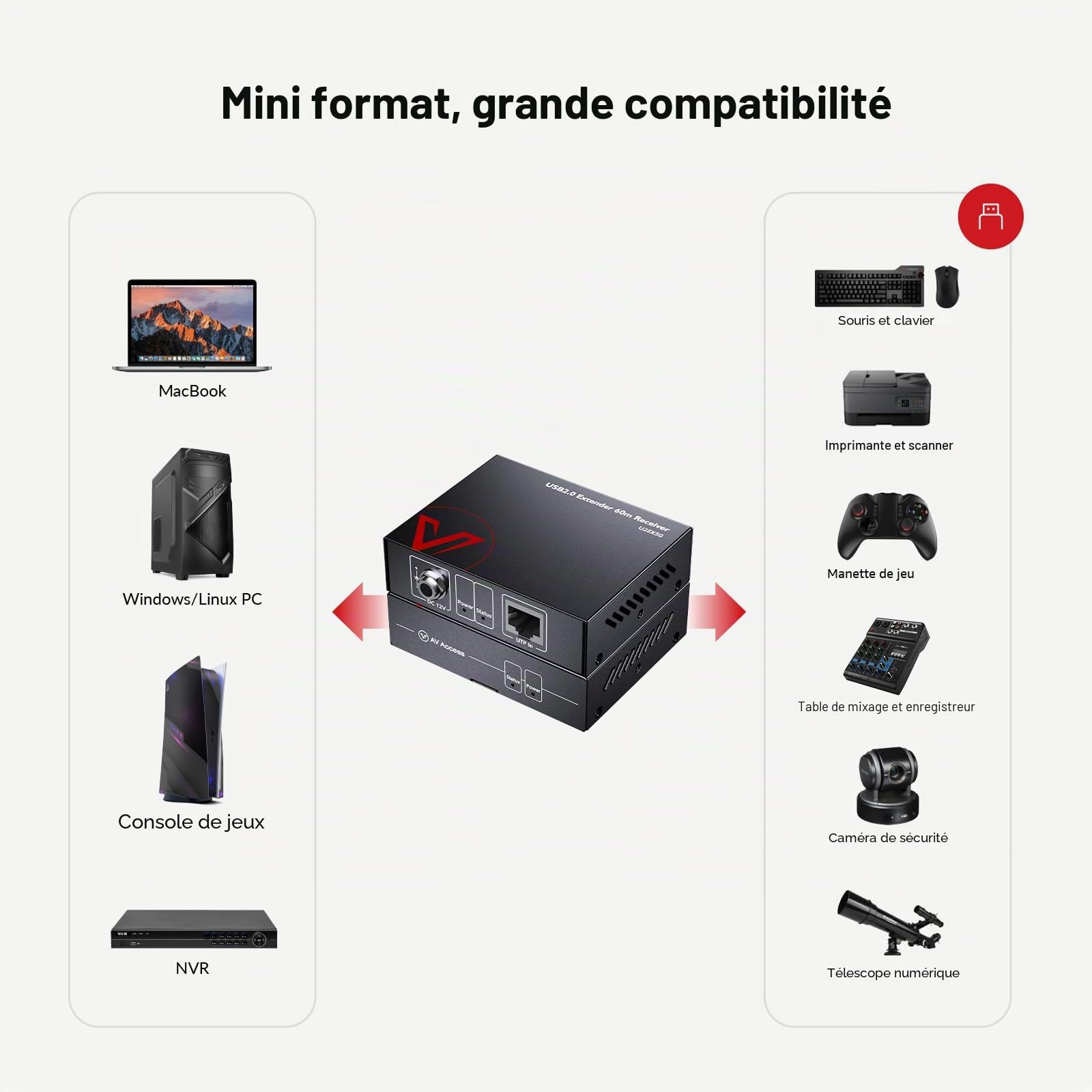 AV Access 4 Ports USB Extender sur Cat5e/6/6a/7 jusqu'à 480 Mbps, 4 × USB2.0 Prend en Charge 2 caméras Web USBde manière synchrone et Tous Les systèmes d'exploitation, Conception Plug and Play