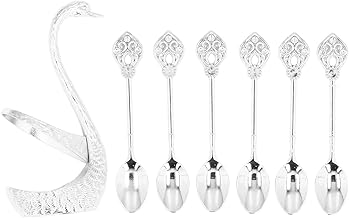 Conjunto de colheres de café, 6 peças colher de sobremesa de aço inoxidável com suporte de base de cisne de liga de zinco garfos de frutas criativos suporte de talheres de sobremesa (Silver)