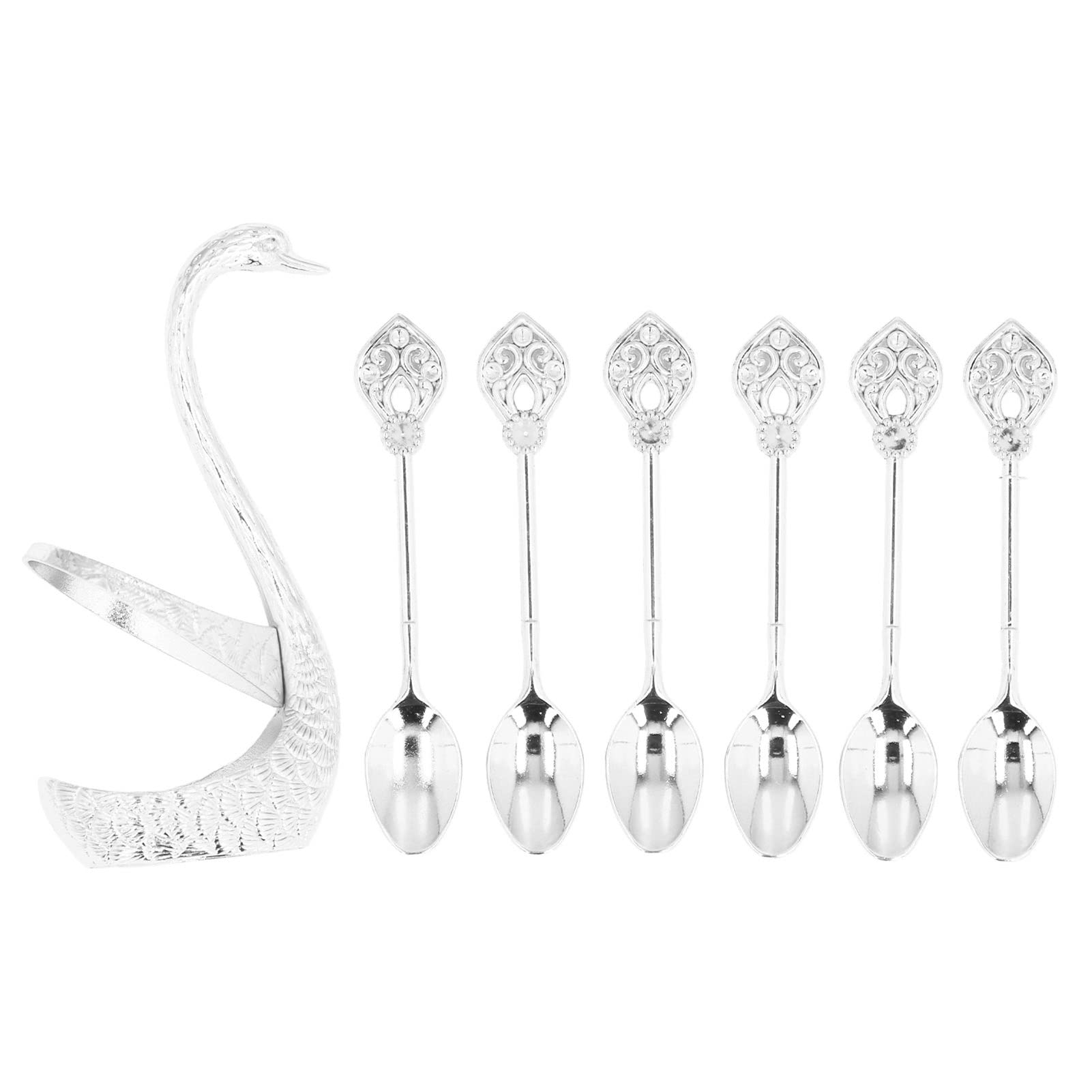 Metal Coffee Dessert Dinner Spoon Set,Coffee Spoon Set,Swan Base Spoon Holder,Coffee Spoon Holder Dessert Spoon Set,with 6pcs Spoons Teaspoon Dessert Flatware for Coffee Fruit Dessert Ice Cream Cake