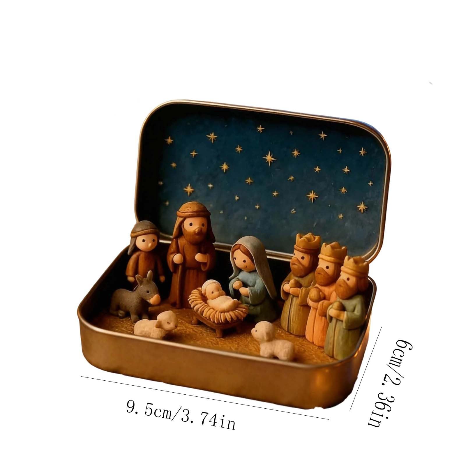 Weihnachtskrippe Set in einer Blechbox, tragbare Weihnachtsszene Dekoration, Familie Jesus Ornament für Zuhause Schreibtisch Kirche Dekor, perfekt