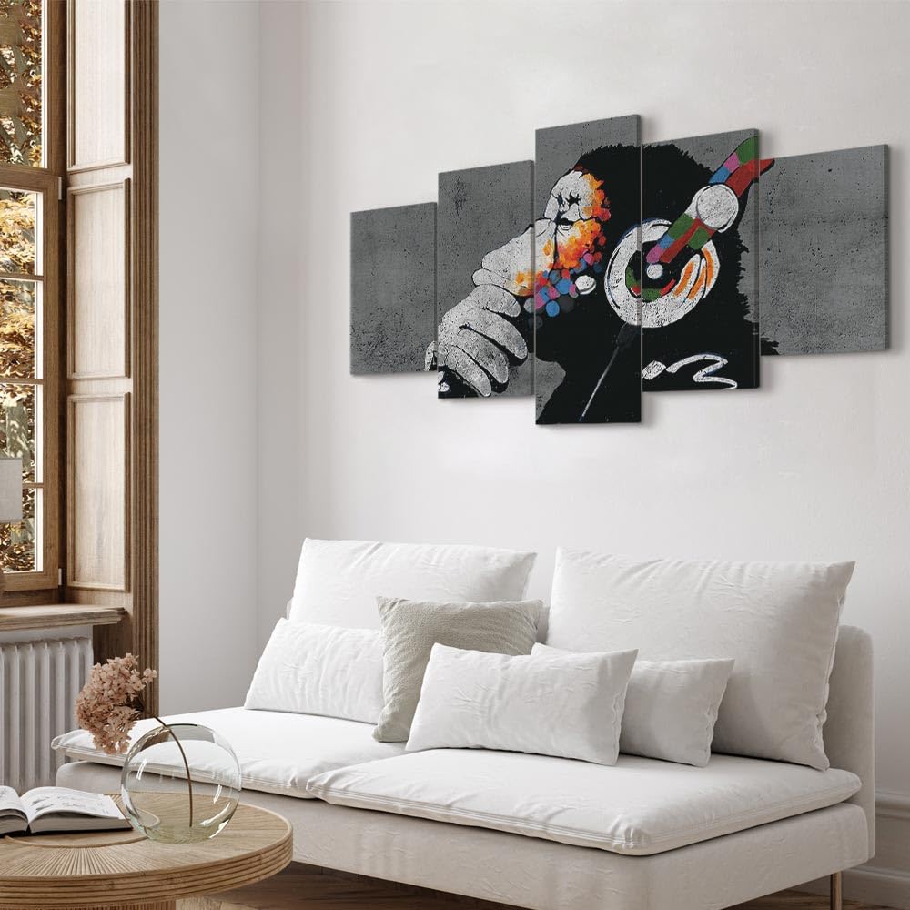 murando Cuadro en Lienzo DJ Mono 200x100 cm 5 partes Impresión en Material Tejido no Tejido Impresión Artística Imagen Gráfica Decoracion de Pared Banksy Animales Concreto Musica g-A-0288-b-m