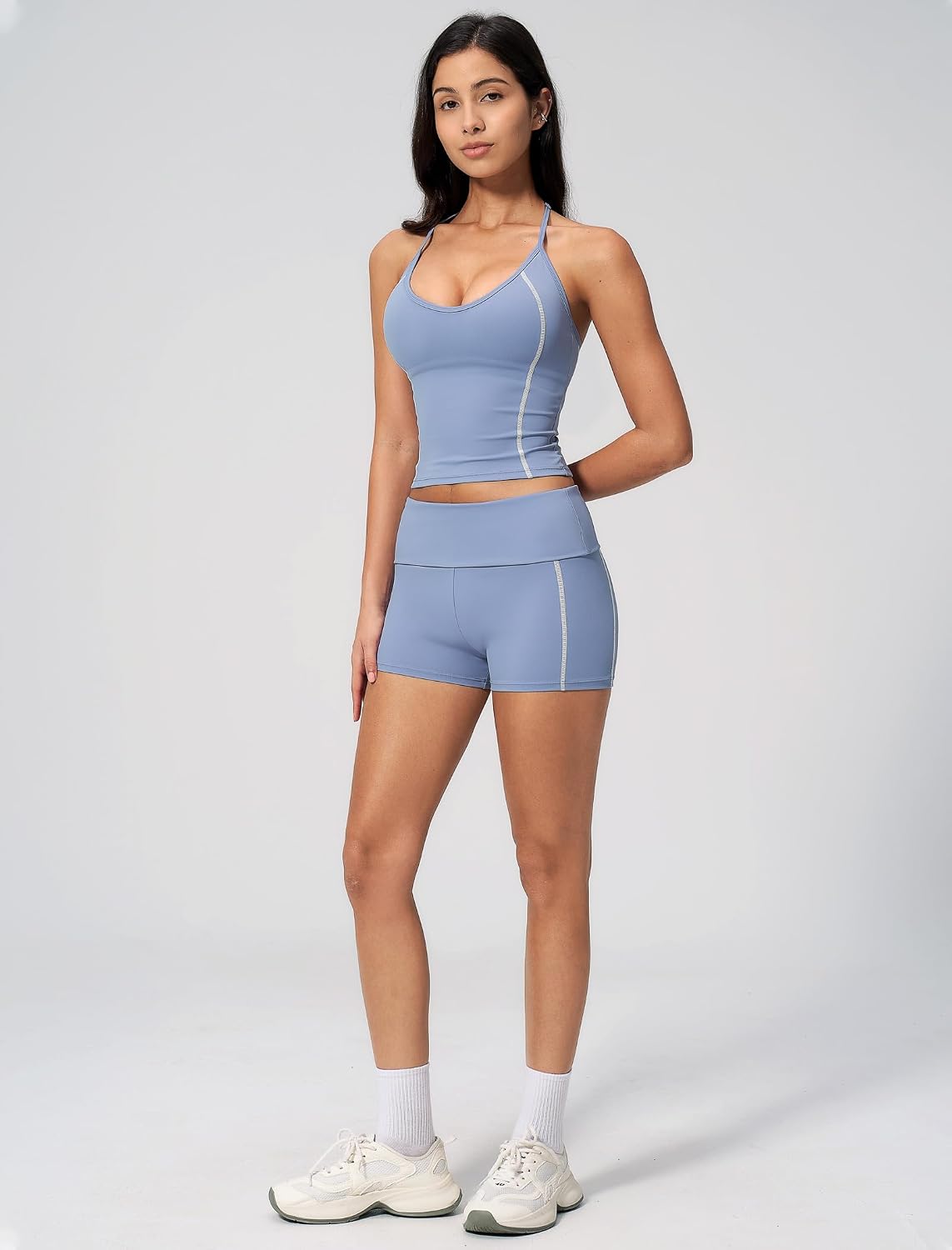 QBGJTD Women 2 Piece Workout Set Color Block Open Back Halter Top and High Waist Booty Lifting Shorts Yoga Outfit