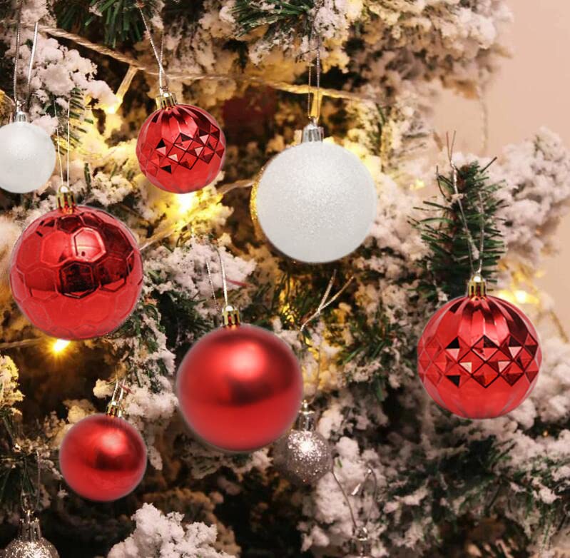 Kerstballen, rood, wit, kerstboomversiering, set, 45 stuks, kunststof, kerstboomdecoratie, hangers, hangende kerstboomversiering, kerstboomballen, boomversiering voor kerstdecoratie