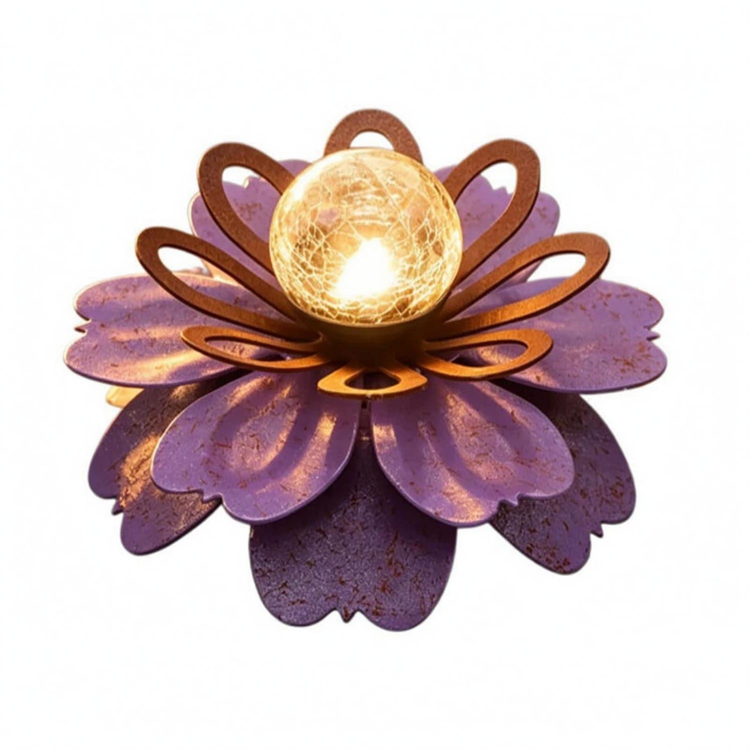 Layered Petals Crackle Glass Flower Light Openwork Metal Waterproof LED Flower Light for Garden, Patio, Porch, Purple-image-6