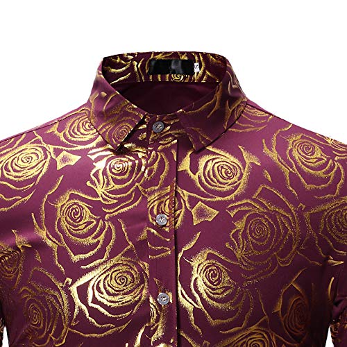 Herenmode bloemenroze bedrukte overhemden met lange mouwen, gala-bruiloftsoverhemden met knopen, casual slim-fit klassieke zakelijke overhemden - Afbeelding 4
