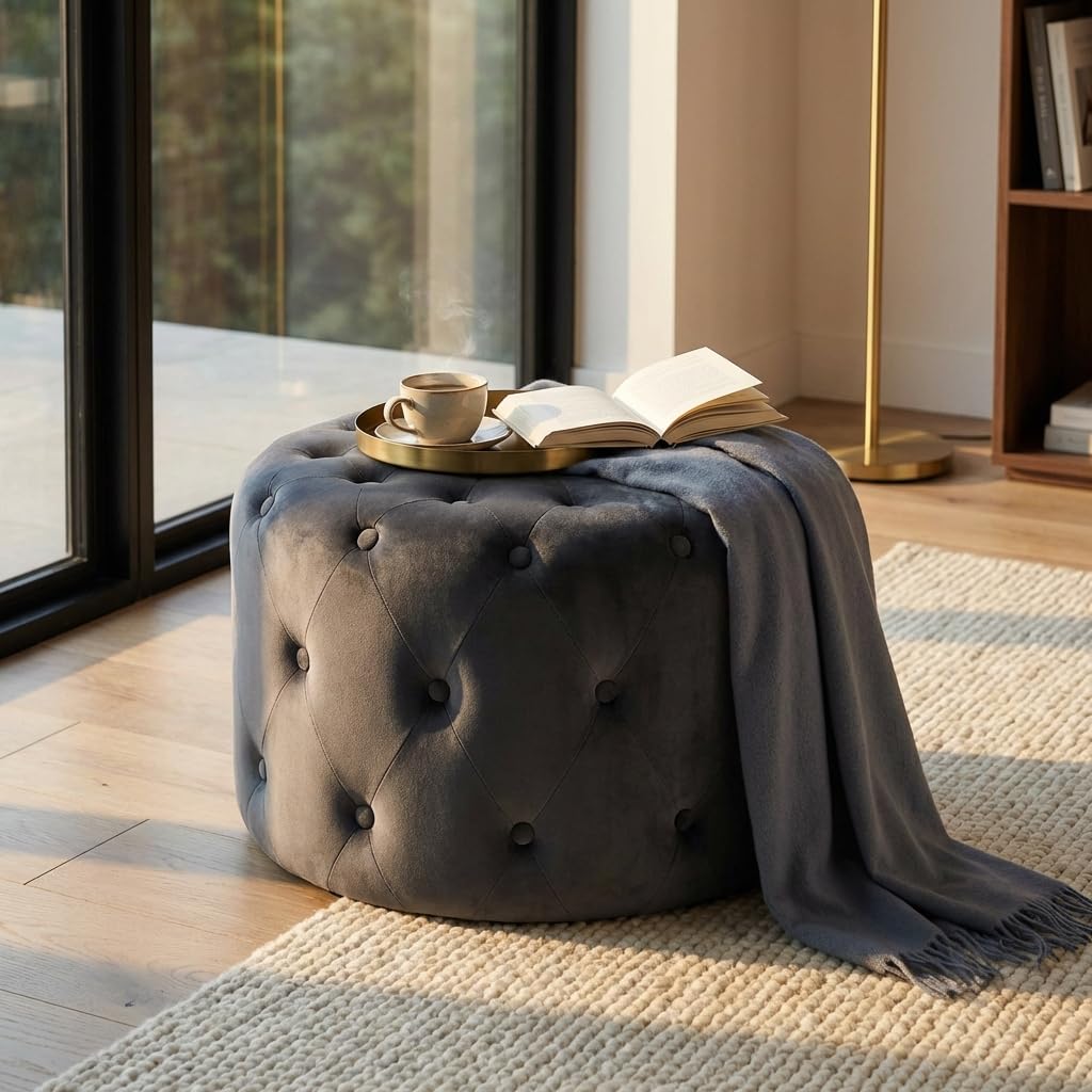 Pouf contenitore rotondo in velluto - PASCAL Grigio Scuro