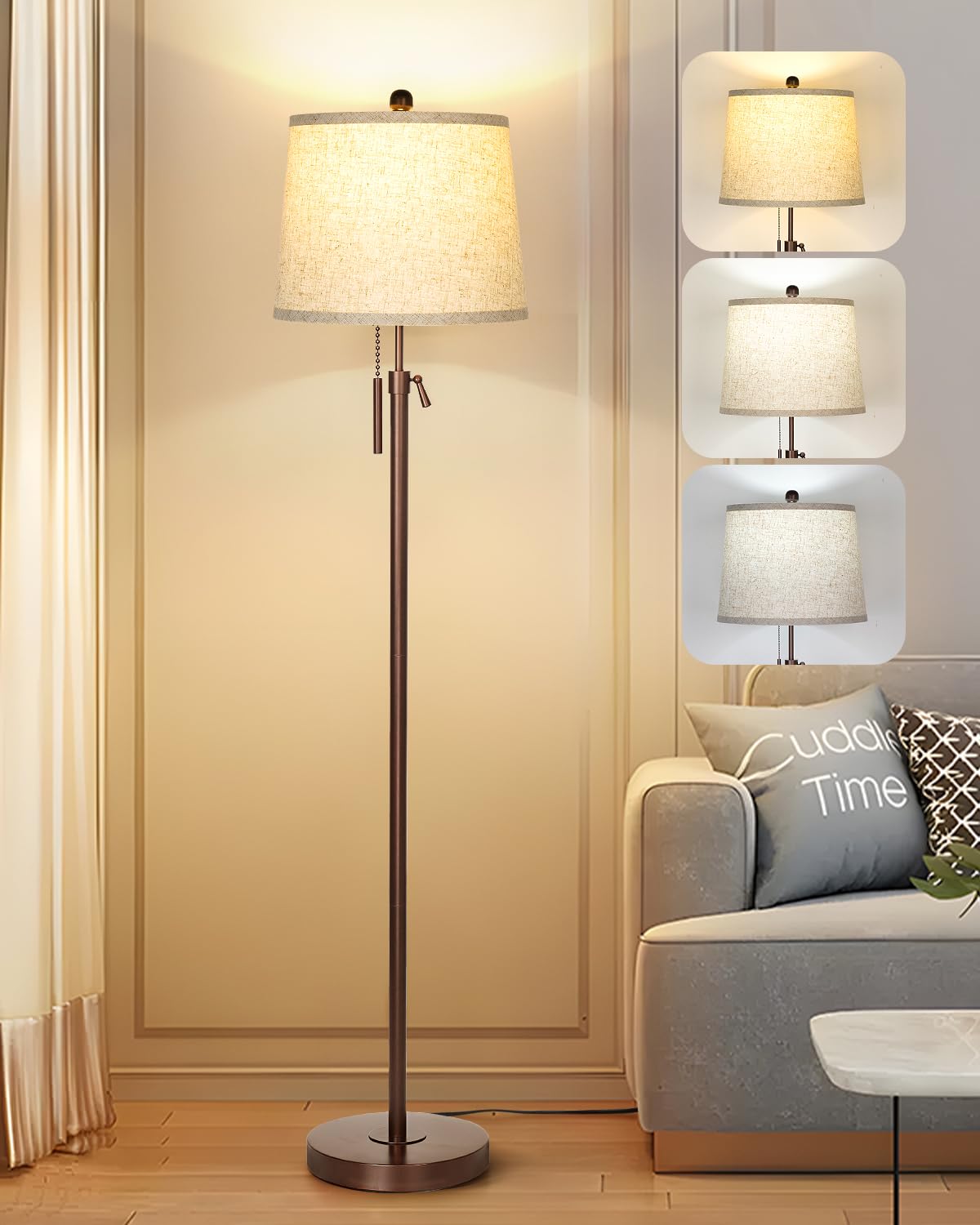Qingmiao Modern Stehlampe Wohnzimmer, Dimmbar Stehleuchte mit Lampenschirm, 3 Farbtemperaturen, Einstellbare Höhe Standleuchte für Schlafzimmer Kinderzimmer Büro, Höhe