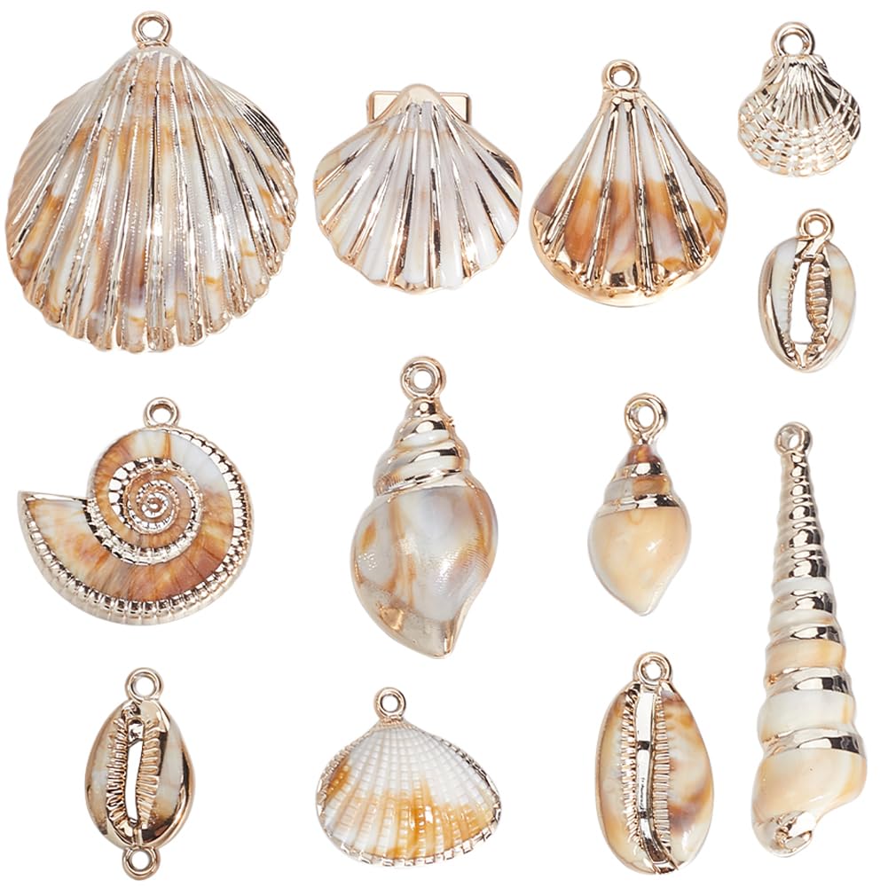 SUNNYCLUE 1 Box 48Pcs 12 Styles Conch Charms Acrylic Shells Charm Small Tawny Summer Seaside Ocean Life Simulation Seashell Charm for Jewellery Making Charms Diy Necklaces Bracelets Earrings Women