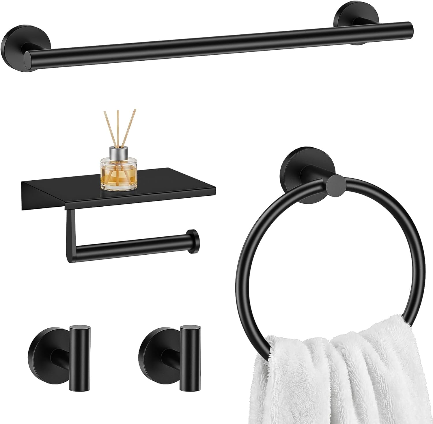 Black 5-Piece Bathroom Hardware Set, SUS304 Stainless Steel, Round Towel Bar, Towel Ring, Toilet Paper Holder, 2 Robe Hooks, Concealed Mount, Wall Mounted Accessories for Bathroom