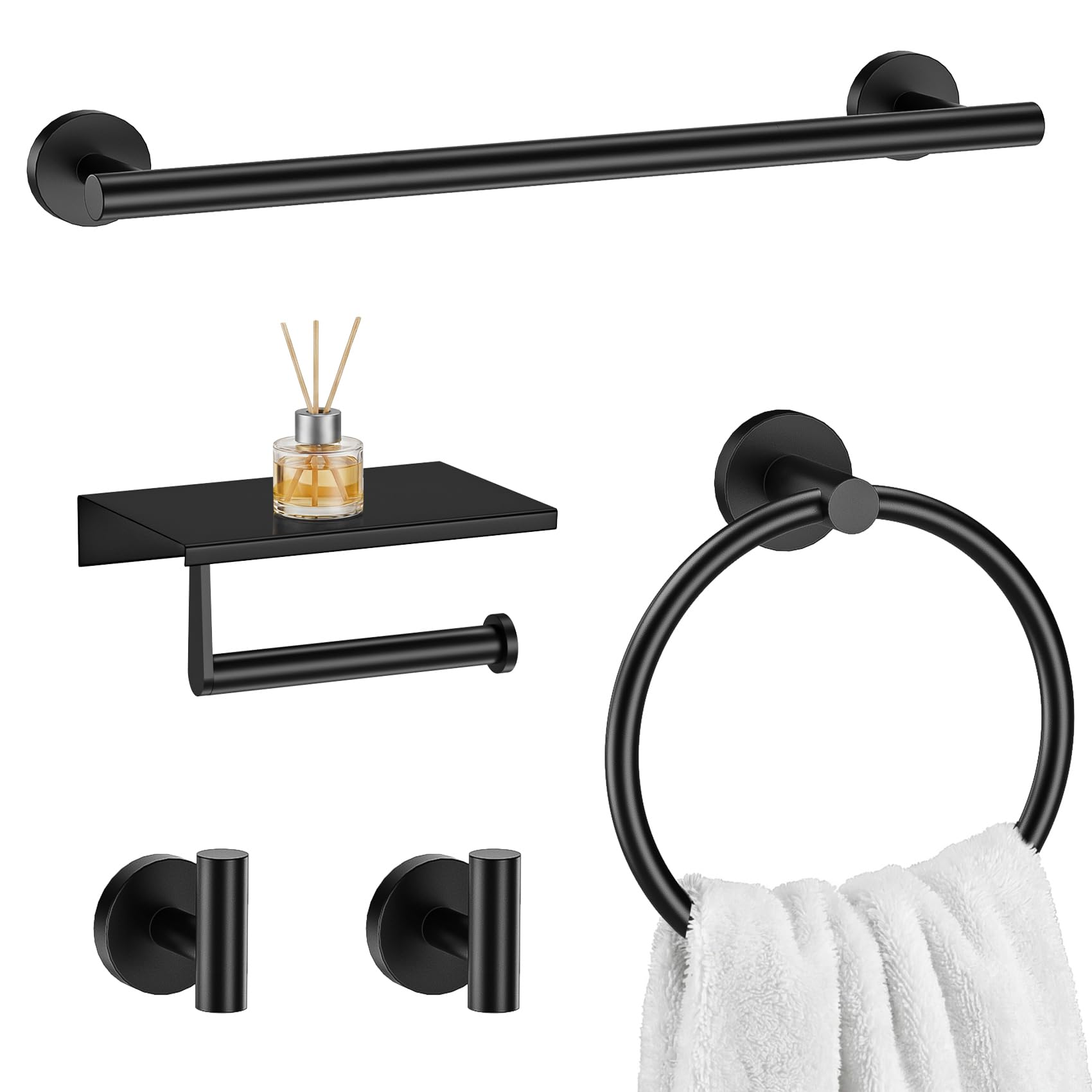 Black 5-Piece Bathroom Hardware Set, SUS304 Stainless Steel, Round Towel Bar, Towel Ring, Toilet Paper Holder, 2 Robe Hooks, Concealed Mount, Wall Mounted Accessories for Bathroom