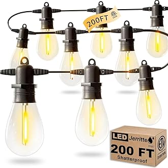 200FT LED Outdoor String Lights with 60 Edison Shatterproof IP65 Waterproof Bulbs, 2700K Dimmable Commercial Grade Patio Lights, Heavy Duty Outside Hanging Light for Garden Decor