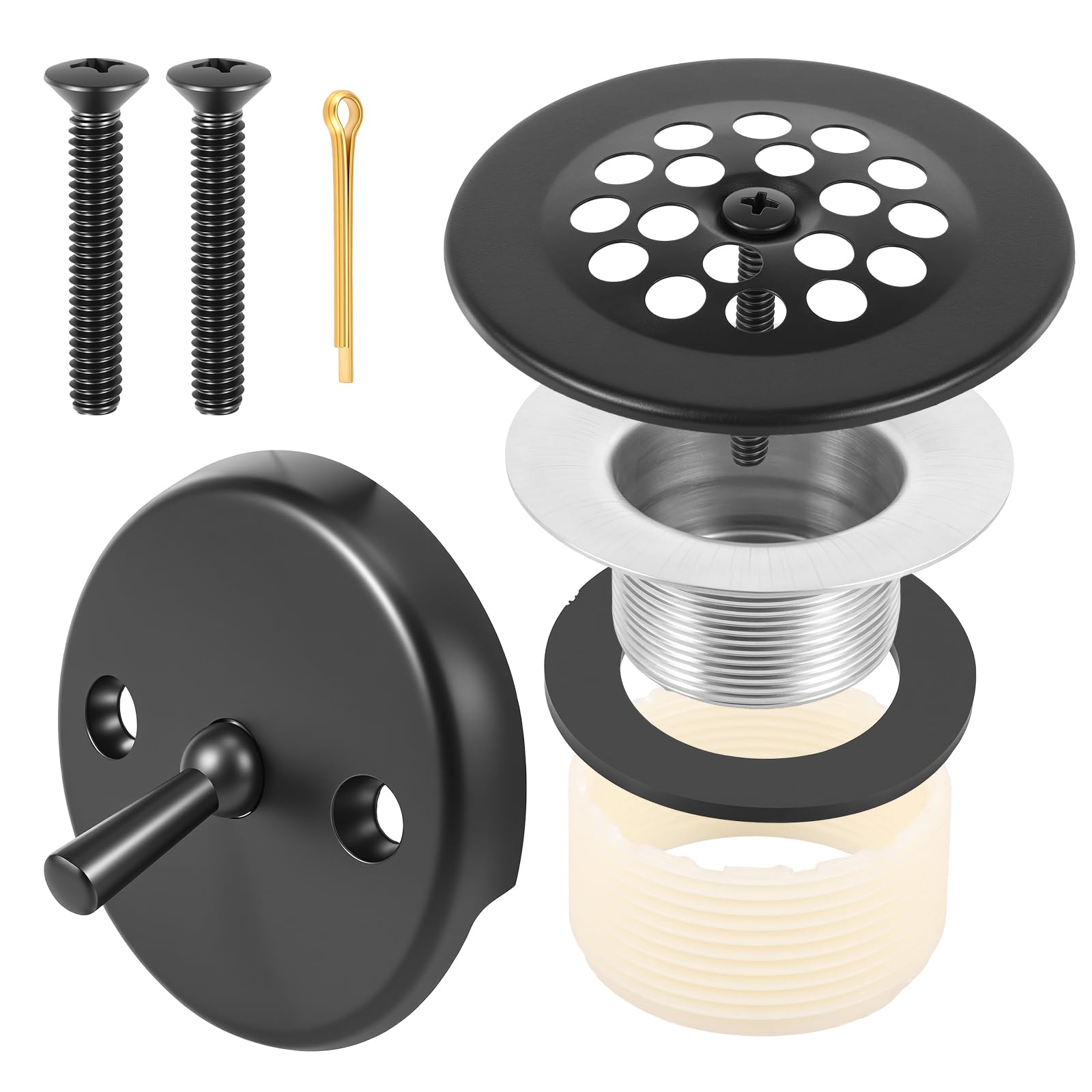 Zhjiutak Bathtub Drain Tub Trim Set with Trip Lever Overflow Face Plate and Strainer,Matte Black Bathroom Tubs Drains Replacement Conversion Tub Drain Kit for Fine/Coarse Thread
