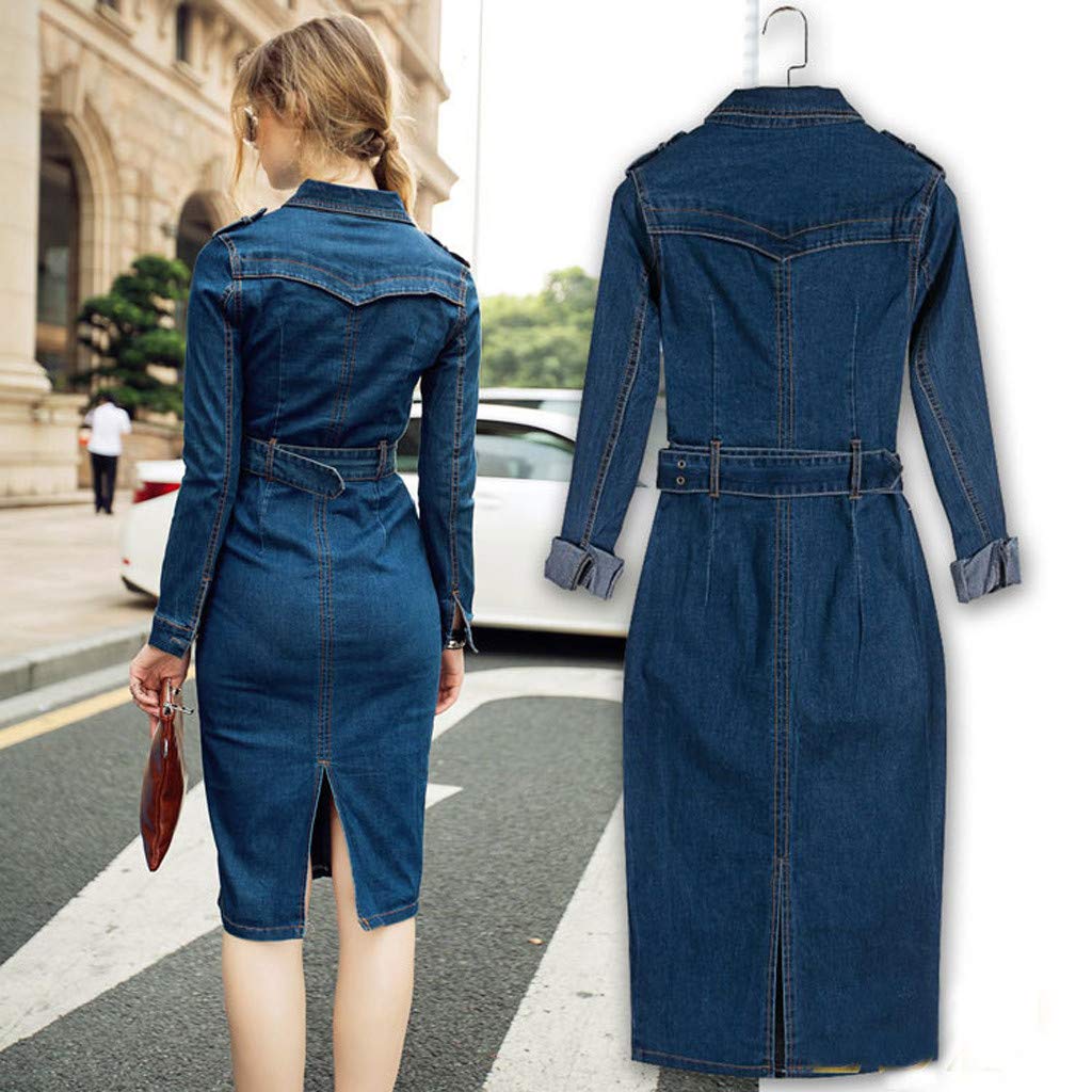 Damen Frühling Sommer Elegant Bodycon Jeanskleid Langarm Rundhals Knopf Knielang Epaulet Denim Blusekleid Partykleid Cocktail Kleid Mit Gürtel Denim Kleider Slim Fit Wickelkleid Knielang Midi Kleid