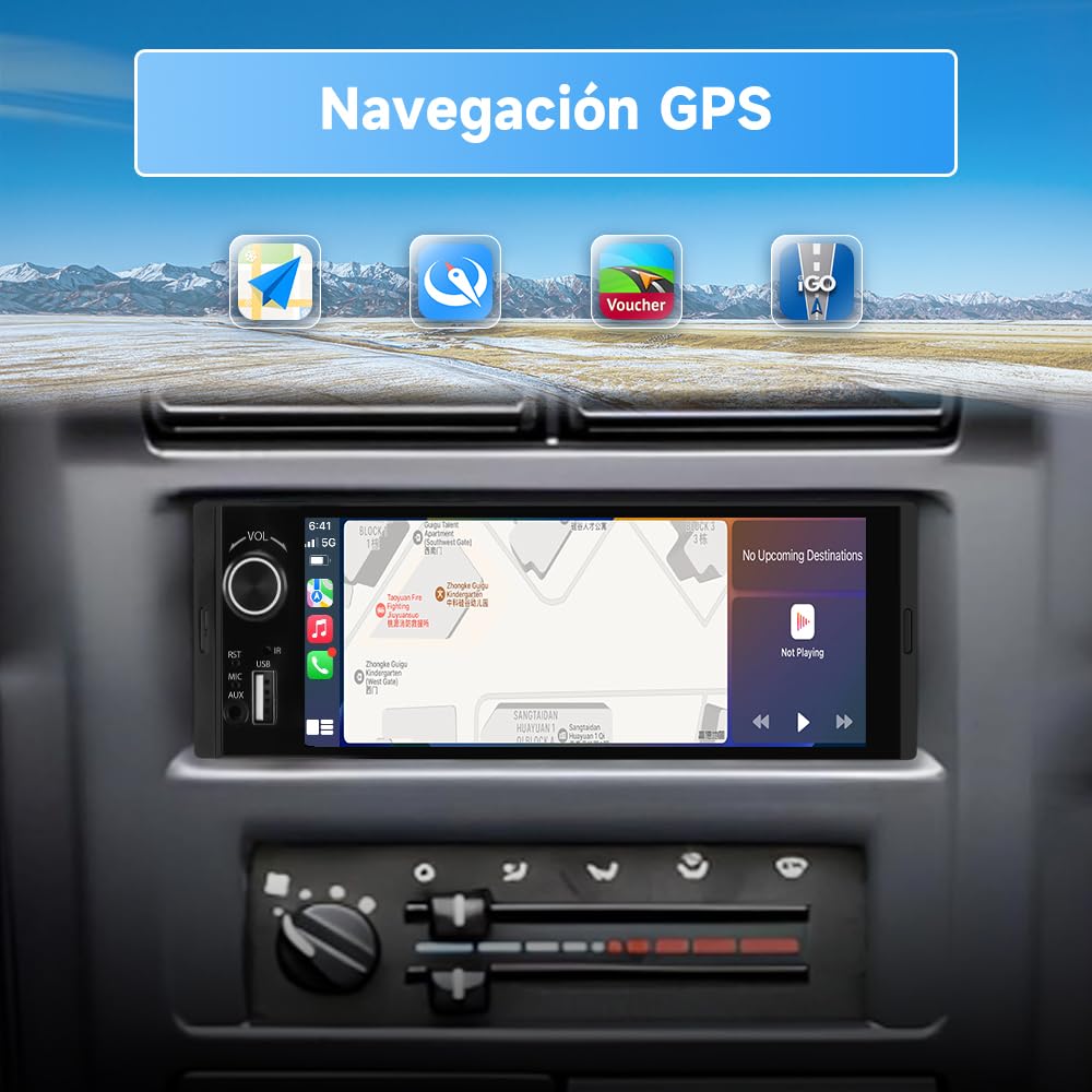 1 DIN Radio Coche Universal con Pantalla Táctil 6.36 Pulgadas, con CarPlay/AndroidAuto, Admite Carga Type-C/USB/Micrófono/FM/EQ/WiFi/GPS/Bluetooth/USB/SWC y Cámara Trasera