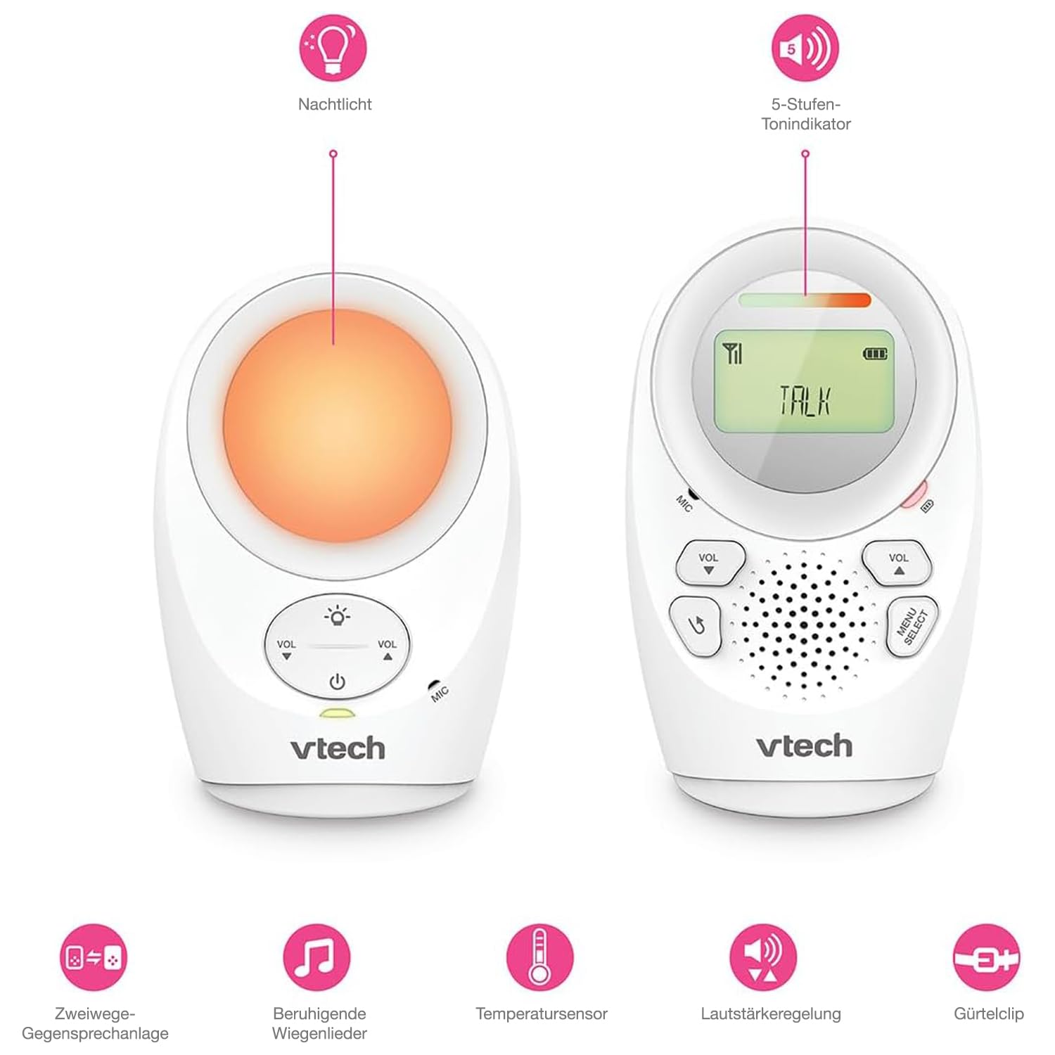 Vtech Digitales Audio-Babyphon DM1211 – Mit DECT-Technologie, Gegensprechfunktion, LCD-Lautstärkeanzeige, Temperatursensor, Nachtlicht u. v. m. – Mit Eltern- und Babyeinheit