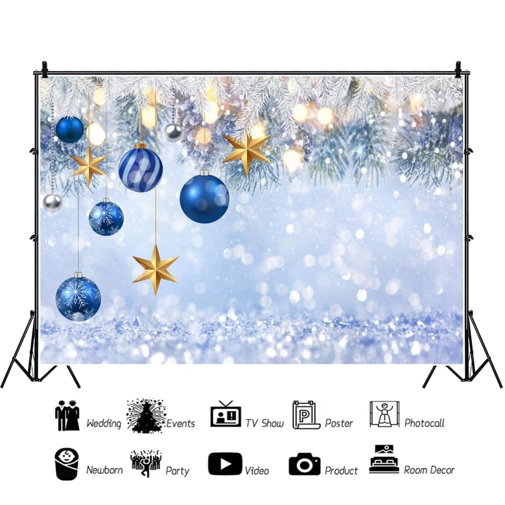 2,1 x 1,5 m sfondo natalizio con palline blu con stelle dorate sfondo fotografico argento glitter sfondo fotografico decorazioni per l'anno nuovo studio fotografico puntelli
