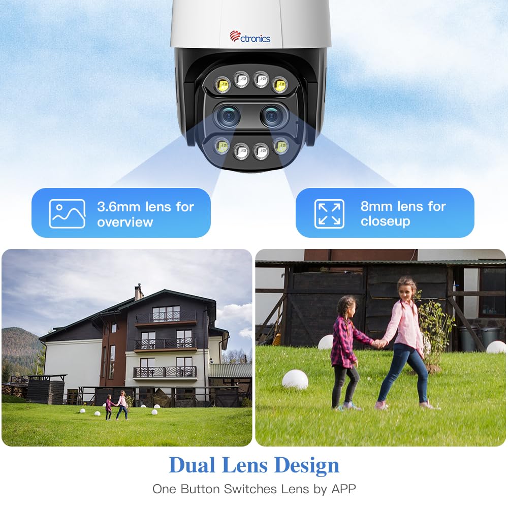 Ctronics Zoom Ibrido 6X Videocamera Wi-Fi Esterno con Doppio Obiettivo | Tracciamento Zoom Automatico Sorveglianza, Rilevamento Umano Visione Notturna a Colori Audio Bidirezionale IP66 (Bianco)