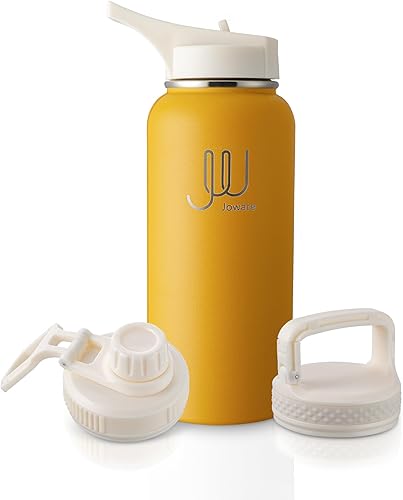 JW Joware Botella de agua aislada de 32 onzas con tapa con popote, botella de agua deportiva de acero inoxidable 188 con 3 tapas para viajes,