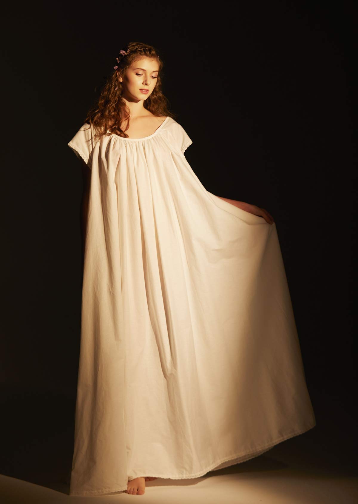 BEAUTELICATE Robe De Nuit 100% Coton Longue Chemise De Nuit à Manches Courte Victorienne Rétro Romantique Pleine Longueur A-Line Grande Taille pour Été Femme Mariée Ivoire
