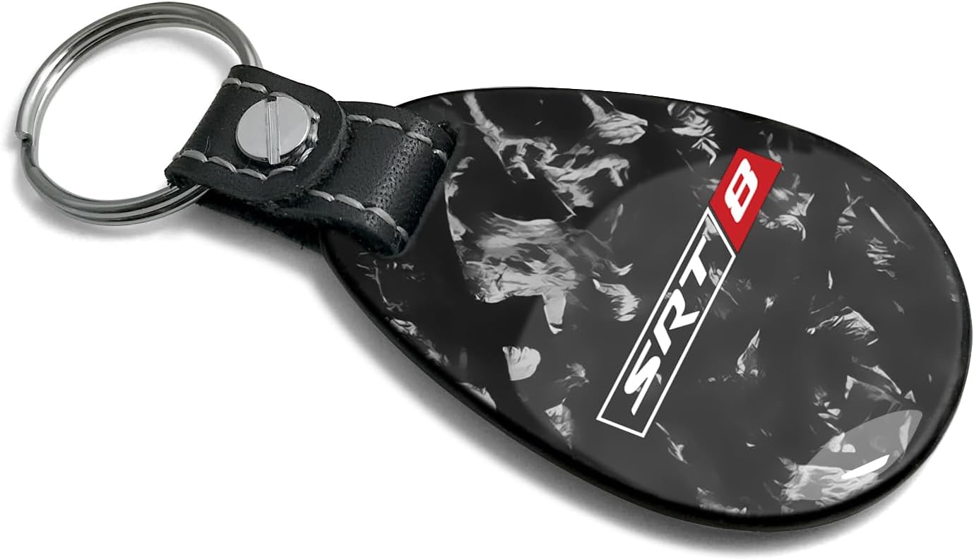 iPick Image for SRT-8 Logo LED Printed on Real Black Forged Style Carbon Fiber Tear-Drop Shape Key Chain Keychain, Exclusive Official Licensed