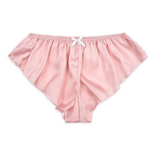Satini Women's Satin Low Rise Fluted Sissy French Knickers Briefs Panties - S - Baby Pink - White