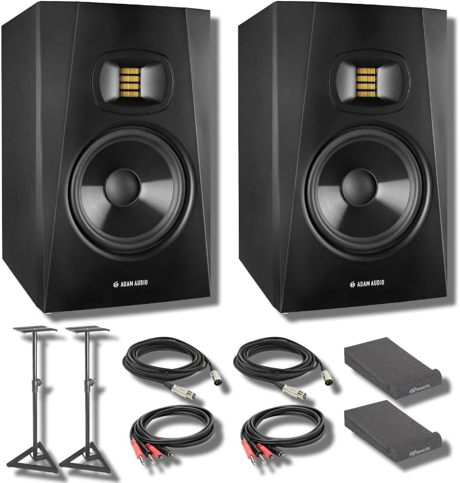 Adam Audio T5V Studio Monitor (Pair) with Frameworks Studio Monitor Isolation Pads, Professional Grade XLR Cables, Stereo Interconnect Cables and StreamEye Polishing Cloth