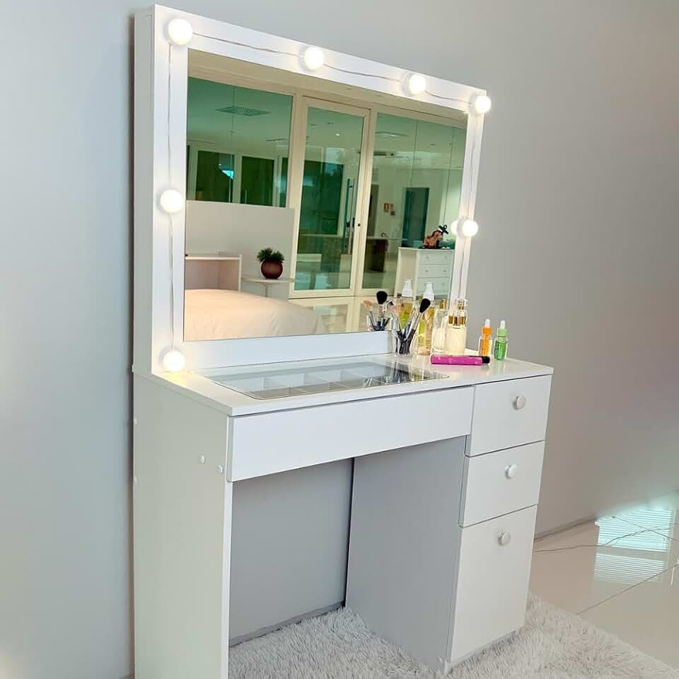 Penteadeira Ditália c/tampo de vidro + kit luz Pe-120 Cor:branco