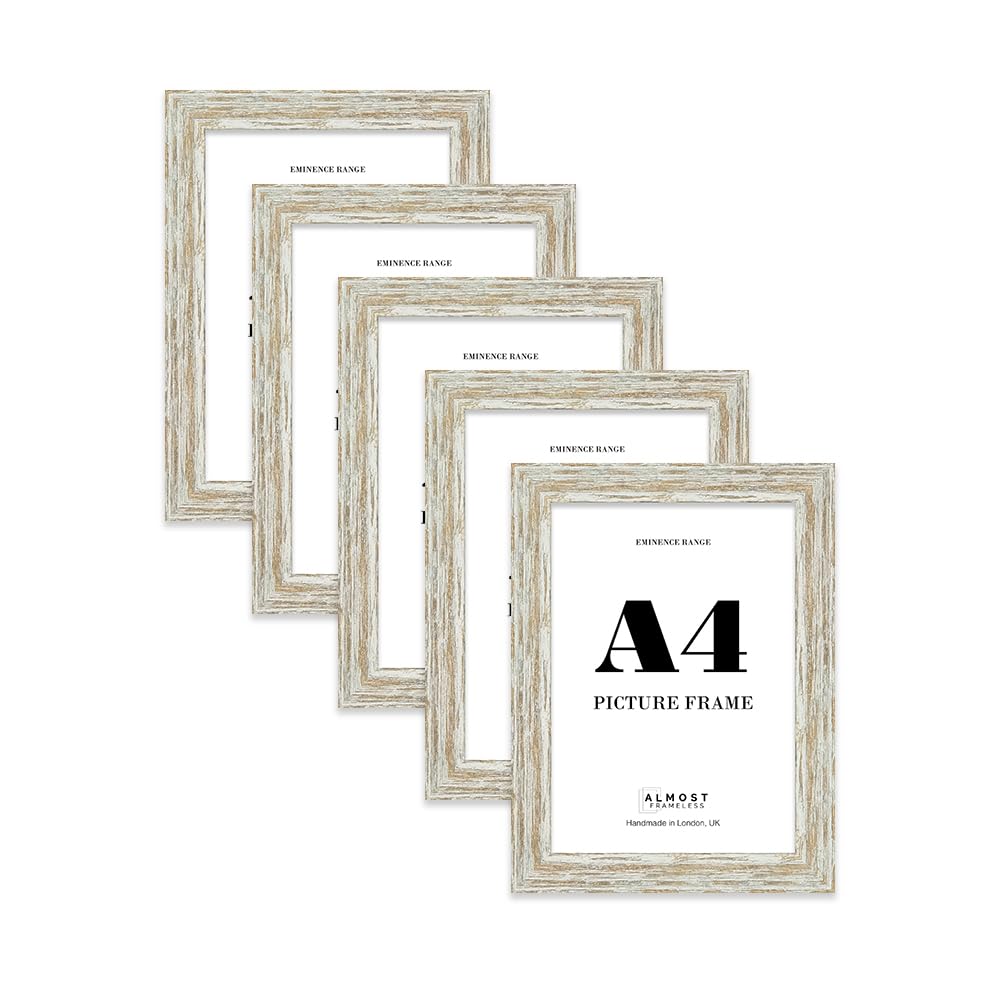 A4 Distressed White Oak Picture Frame - Rustic Wood Industrial Effect Photo Frame for Wall Display, Ideal for Posters, Prints & Home Décor, Wall Hooks and Kickstand, 32mm Edge - 5 Pack