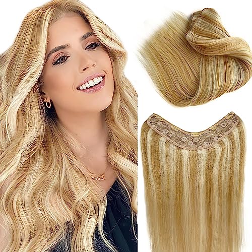 Clip in Hair Extensions for Women, Balayage Real Human Hair with 5 Secure Clips Highlight Honey Blonde to Platinum Blonde V Shape Clip in Hair Extensions 22Inch 100G Seamless PU Weft hair Extensions