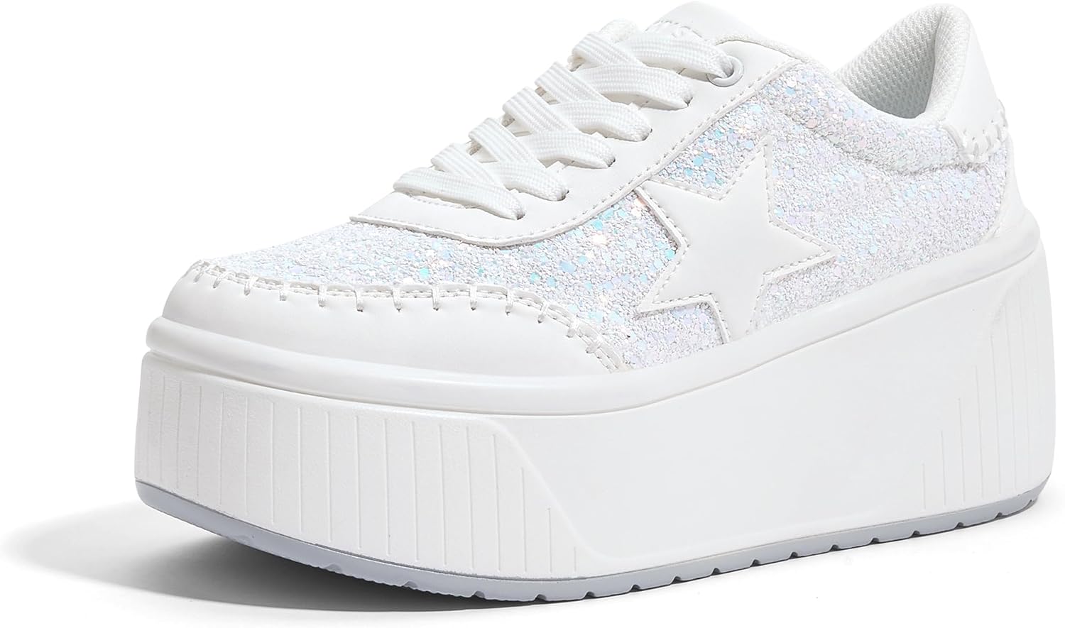 LUCKY STEP Women's Platform Chunky Sneakers Fashion Star Glitter Sparkly Wedge Walking Shoes High Heel Casual Shiny Thick Sole Footwear