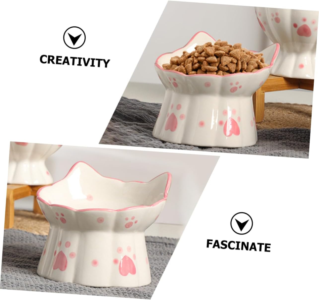 2pcs Elevated Ceramic Cat Bowl with Cat Ear Design Tilted Raised Feeder for Comfortable Neck Support Non Slip Pet Food and Water Bowls Bite Resistant Material Easy to Clean