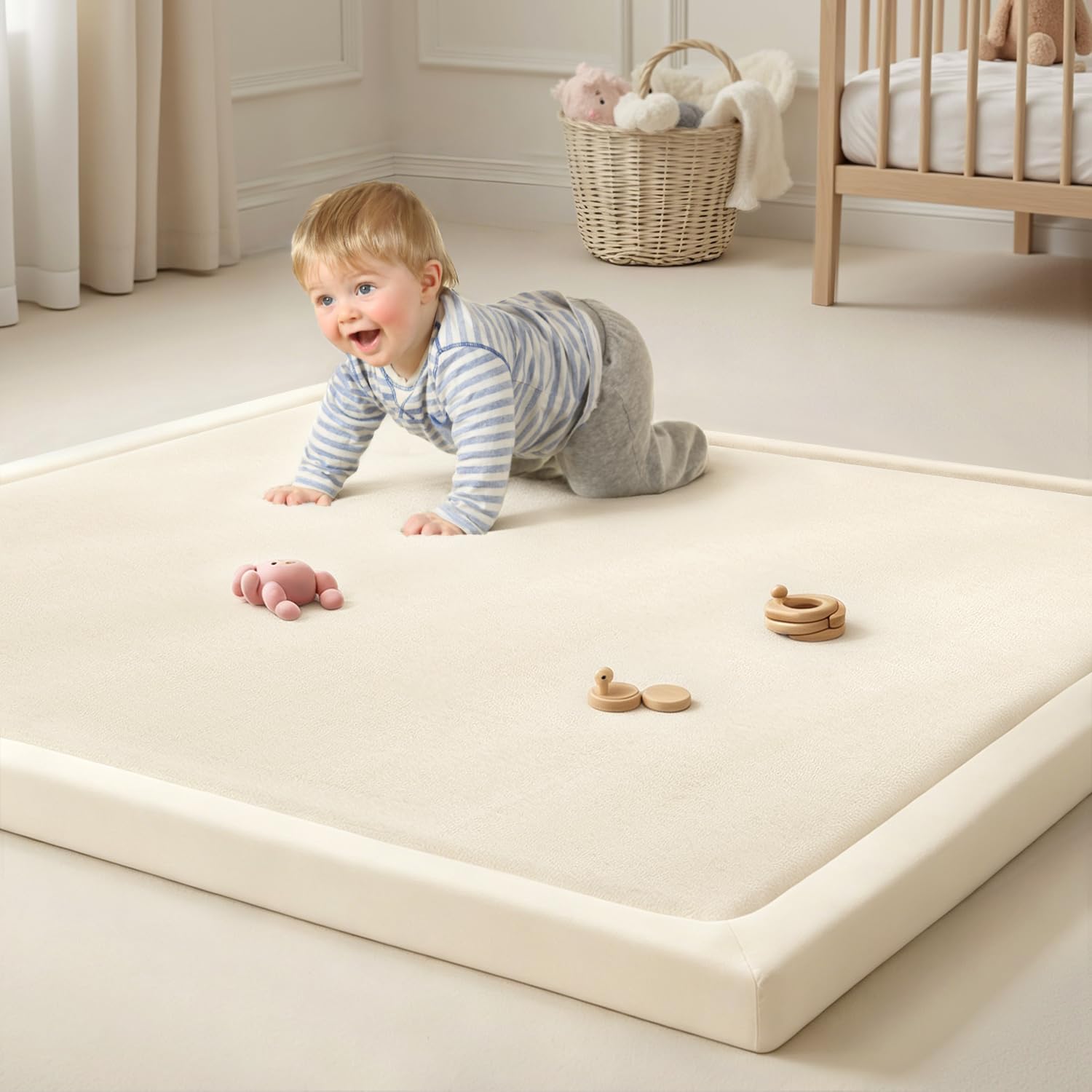 Goyuu Ultra Soft 1.3" Thick Baby Play Mat for Floor, 79x158 Playpen Mat Elasti-Foam Padded Crawling Mat for Babies, Toddlers, Infant, Kids, Non-Slip Backing Safe for Tummy Time, Beige