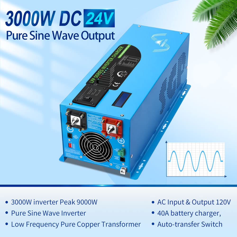 3000W 24Vdc Pure Sine Wave Inverter Low Frequency 120Vac Input to 120 Vac Output 50/60 Hz with Battery Charger Off-Grid 9000W Peak Made by SUNGOLDPOWER