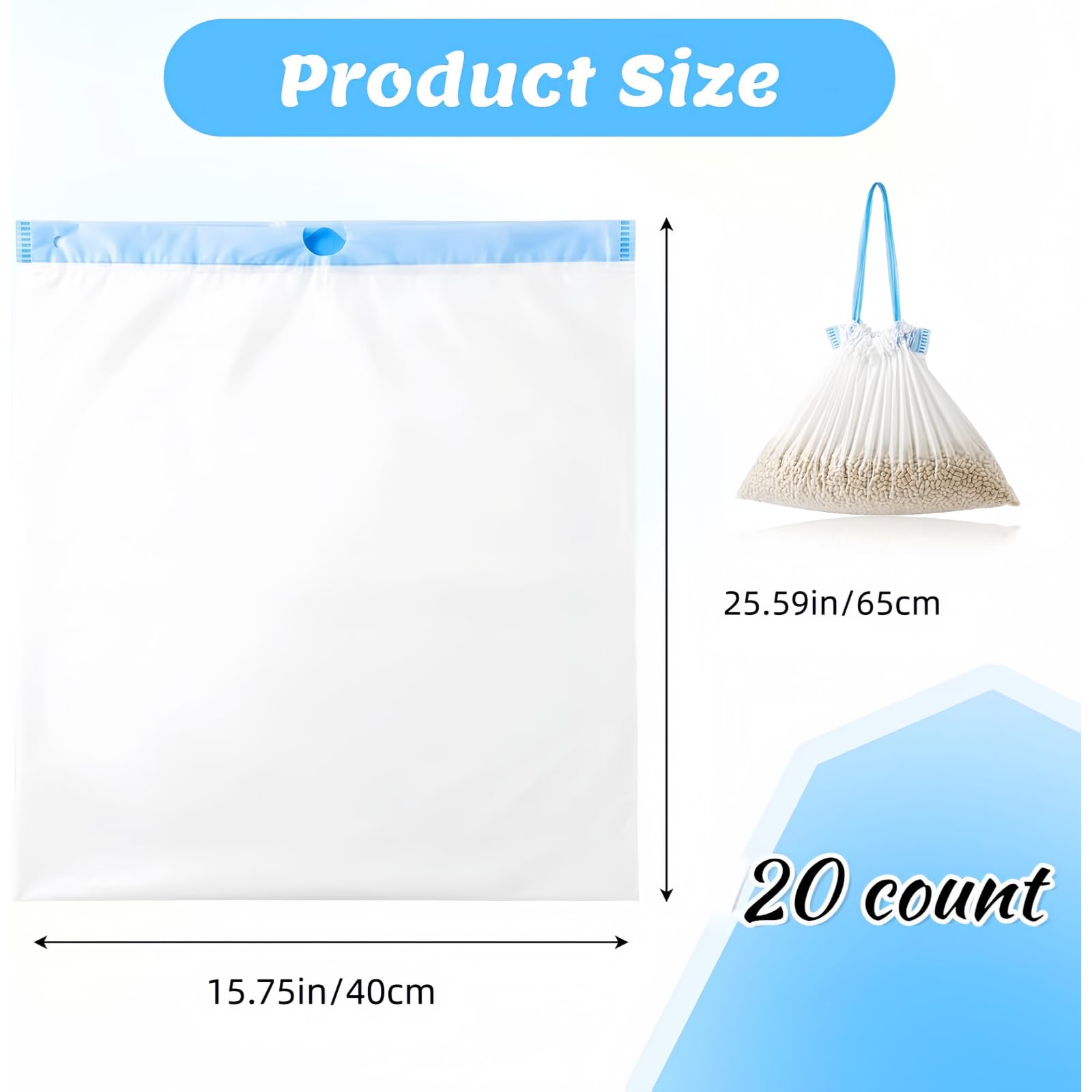 Sacchetti per lettiera per gatti, misura L, 20 pezzi, 65 x 40 cm, sacchetti per lettiera per gatti, extra forti con laccetti, per lettiera per gatti, inserti igienici per lettiera