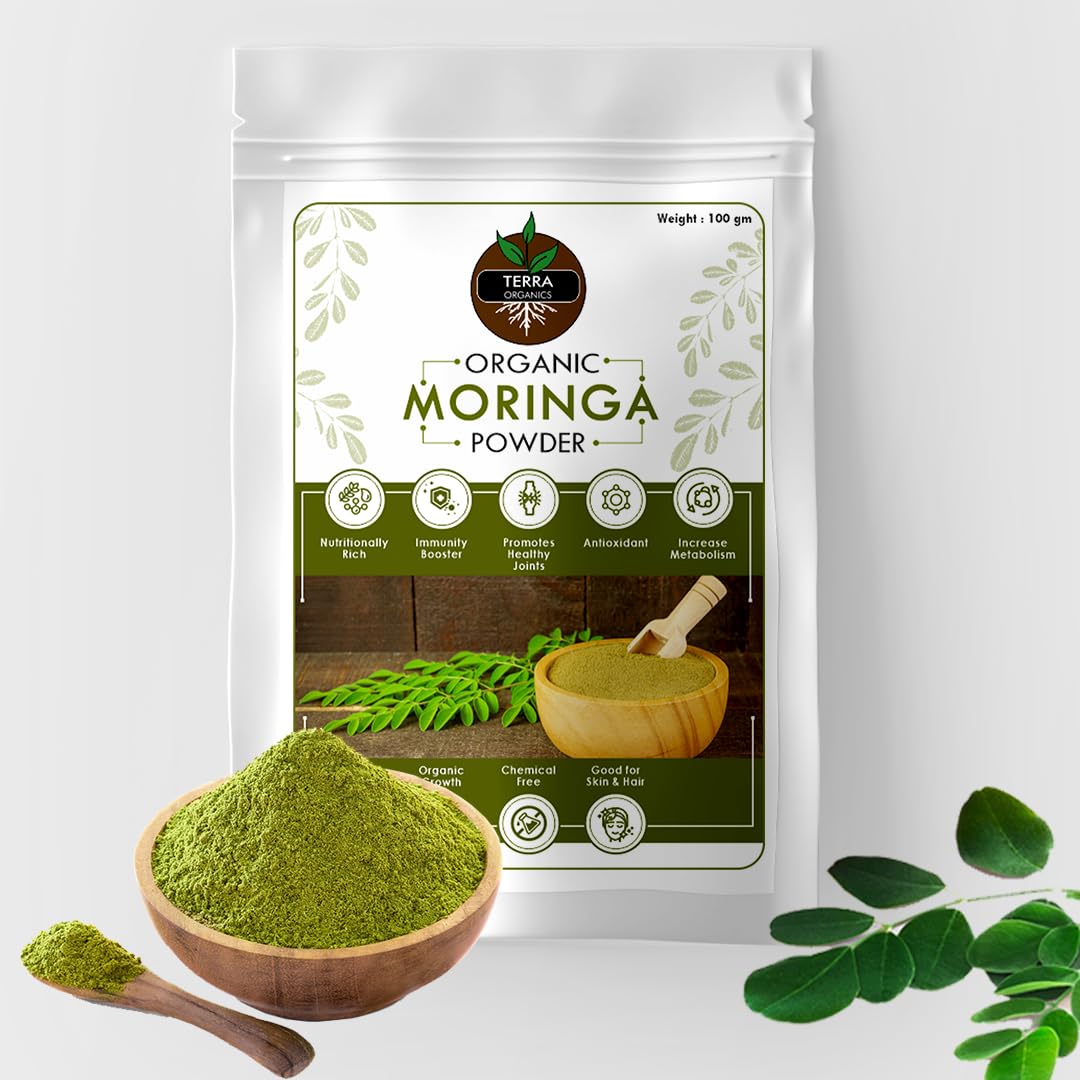 Terra Organics 100% Organic Moringa Powder - 100 g Pack of 1 Immunity Booster | Drumstick Leaf Powder