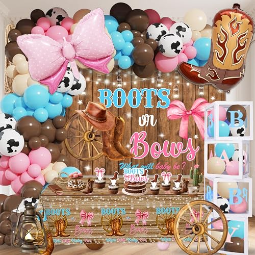 Boots or Bows Gender Reveal Decorations - Western Cowboy Cowgirl Theme Party Supplies Include Balloon Garland Backdrop Tablecloth 4 Boxes Boot & Bow Foil Balloons - Rustic Wood