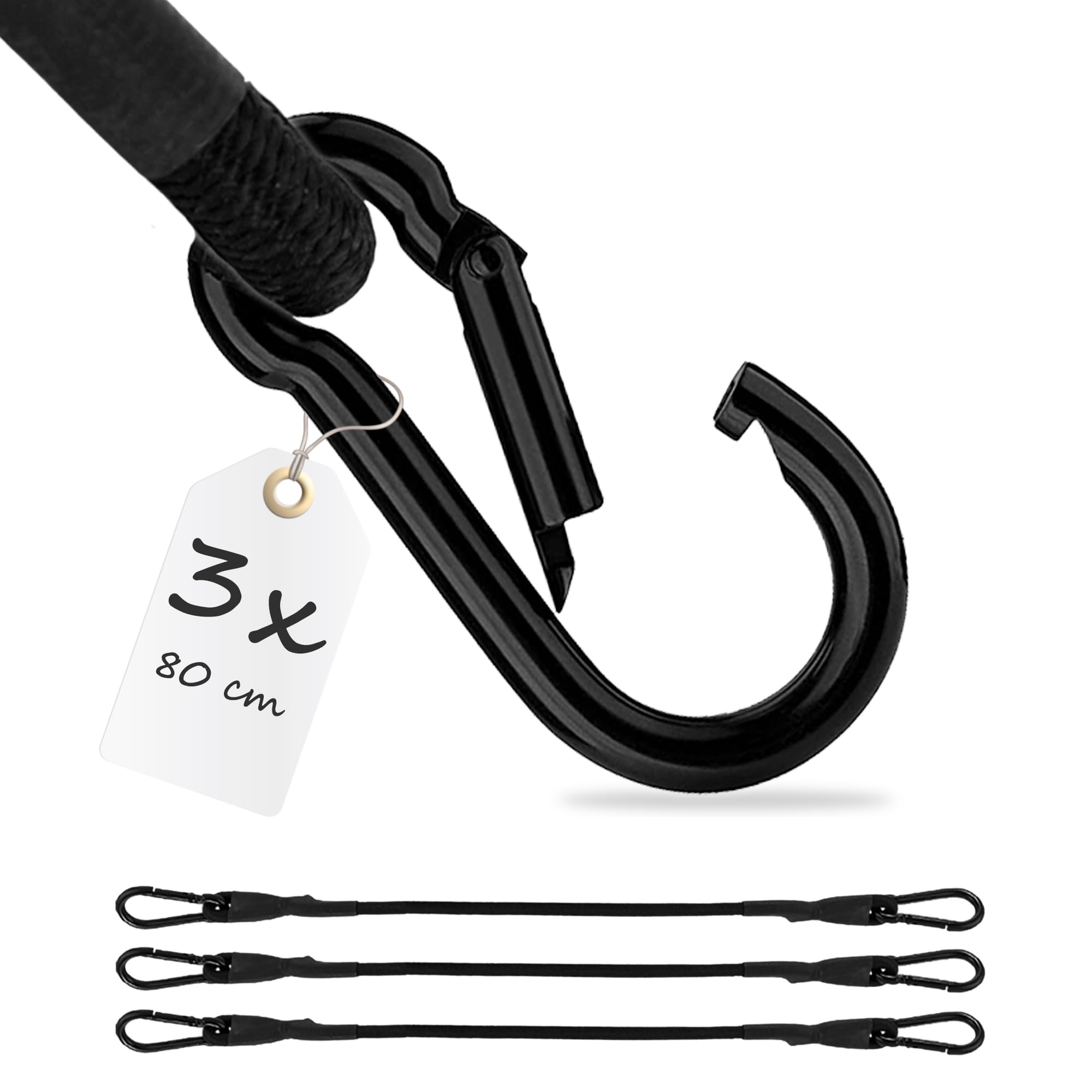 ECENCE 3 Pezzi Corda elastica con moschettone della lunghezza di 80cm, di colore Nero Cinghia elastica, Tenditore per bagagli, estensore, corda di tensione per biciclette