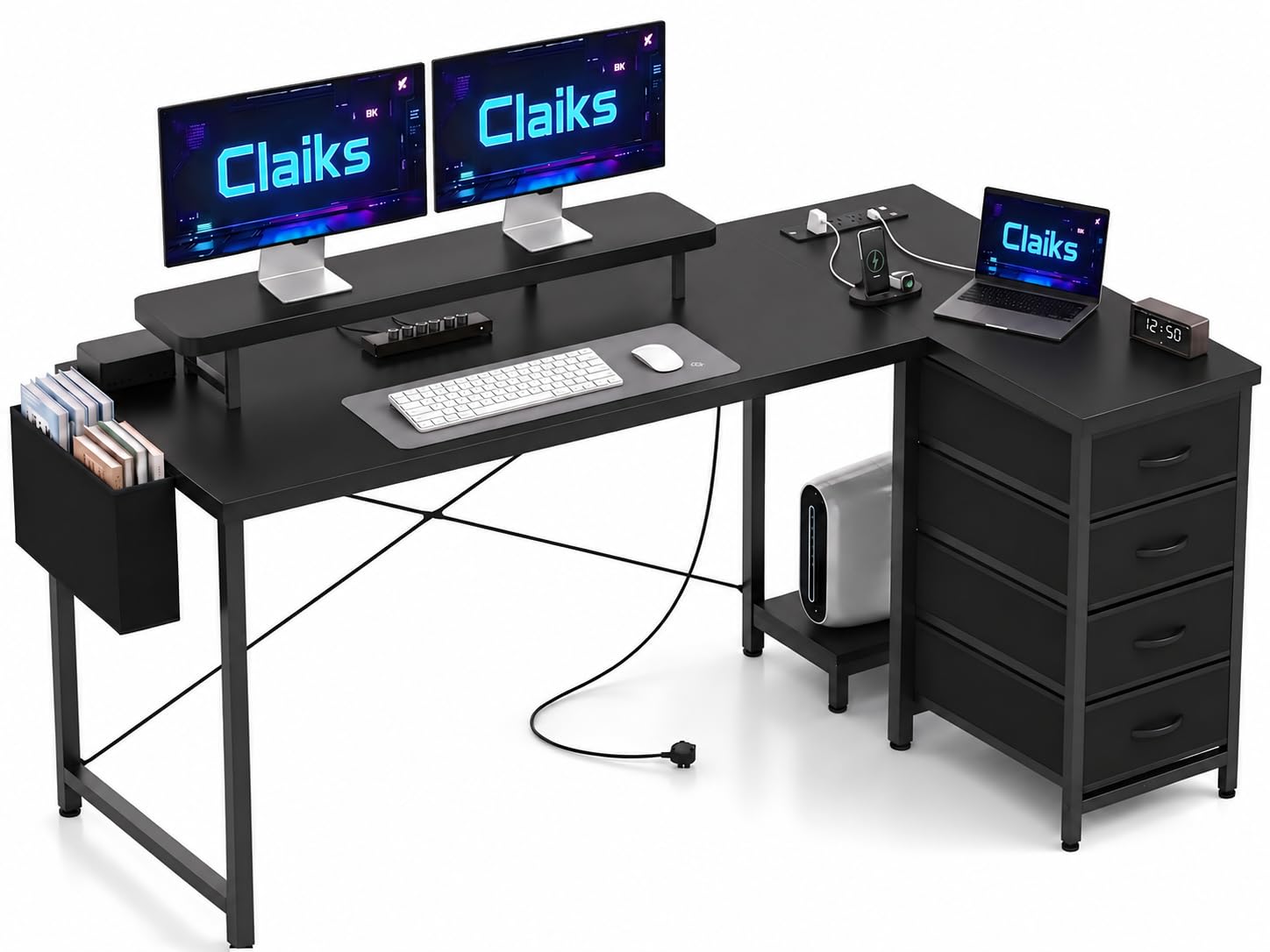 Claiks L Shaped Desk with Drawers, 160x80cm Corner Computer Desk with Power Outlets & USB Ports, Home Office Desk with Storage, Monitor Shelf and PC Holder, Black