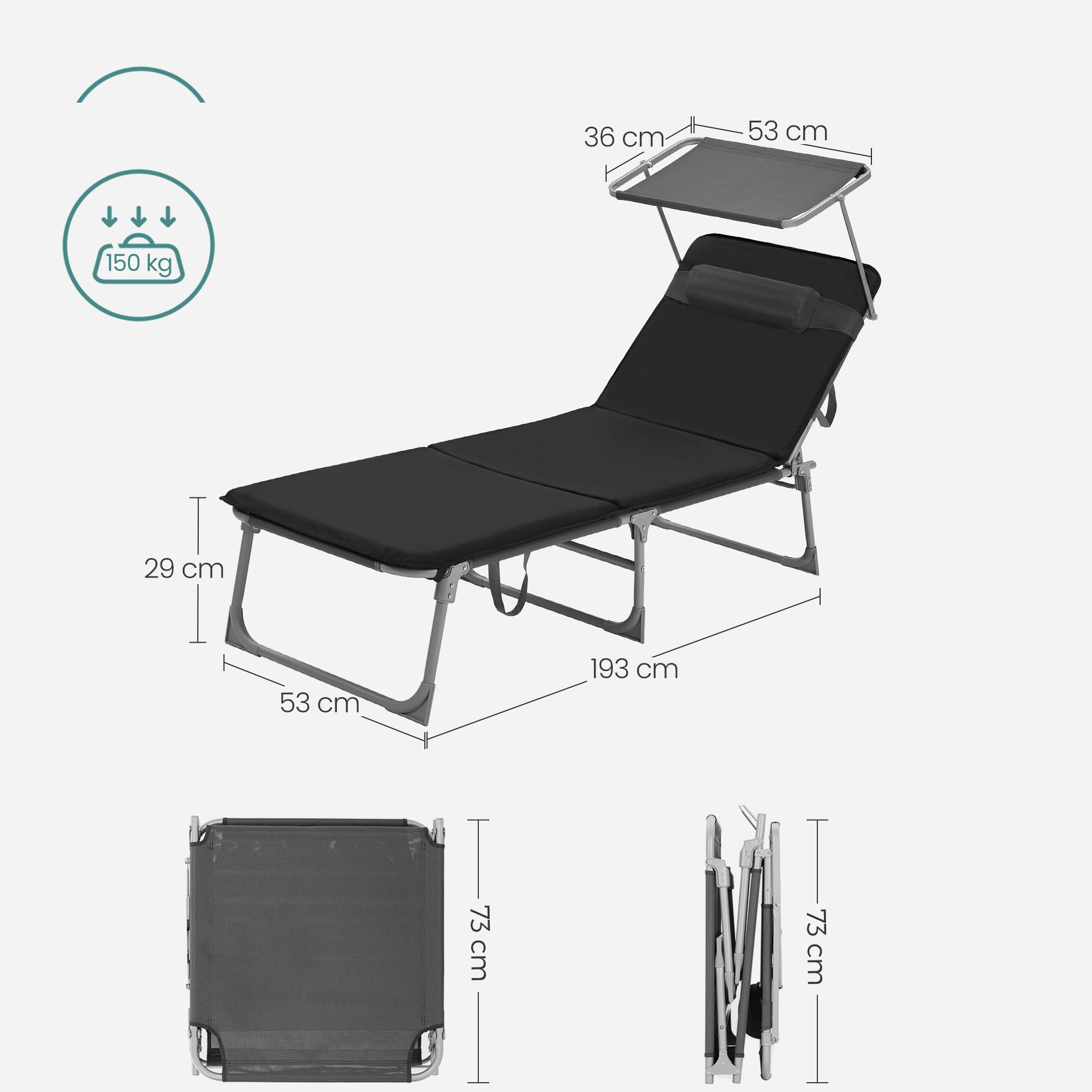 SONGMICS GCB193B01 składany leżak plażowy, 53 x 193 x 29 cm, obciążenie do 150 kg, ochrona przed słońcem, zagłówek, regulowane oparcie, nakładka na ogród, basen, taras, szaro-czarny