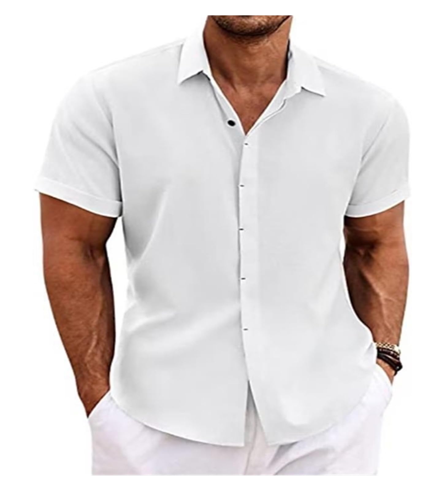 Męska koszula lniana z krótkim rękawem, kołnierzyk na guziki, swobodna, tradycyjna, jednokolorowa, koszulka, top, na lato, lekka, plażowa, klasyczny t-shirt męski