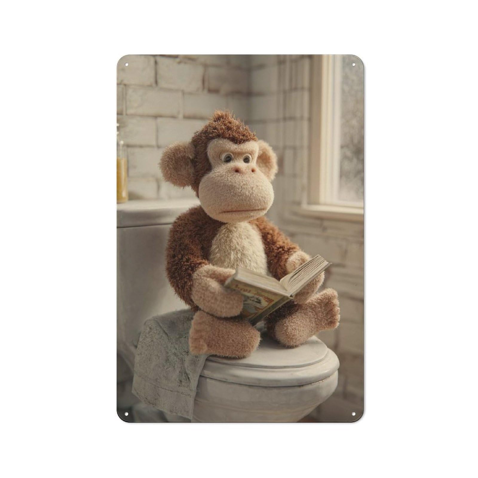 Junmoney Style Monkey Reading A Book On A Toilet Retro Tin Wall Plaque 30X20cm For Home Office Or Studio, For Cooler-Month Interiors With Retro Character